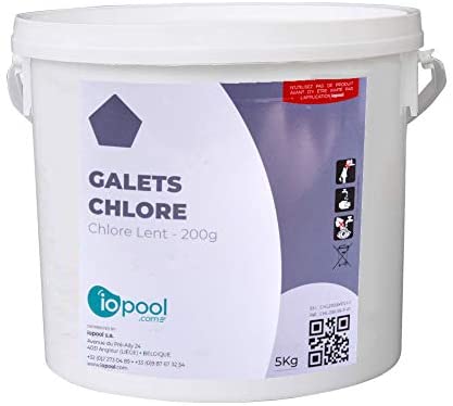 Chlore Lent en galets de 200 gr de Iopool 5 kg spécialiste piscine conseil traitement eau contre les bactéries