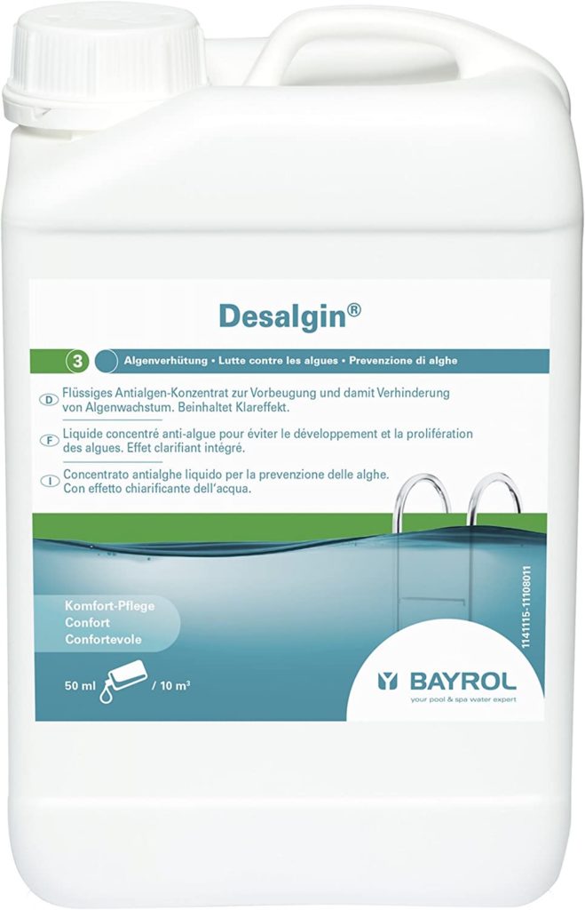 Desalgine Bayrol à utiliser pour le traitement préventive des algues piscine. Bidon de 3 litres pas cher en France et en Belgique