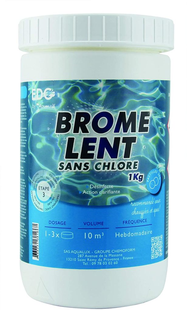 Désinfectant Lente au brome pot de 1kg, pastilles 20 g par Edenea EDG test meilleure produit de traitement eau piscine et spa