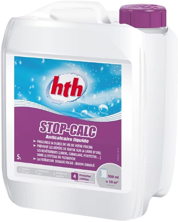 Stop-Calc HTH, traitement Anti calcaire 5 L eau de nage spécialiste pour améliorer le nettoyage et protéger les accessoires piscine